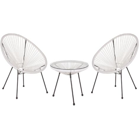 Ensemble de Salon ou Jardin 2 Chaises Fauteuils Type Spaghetti et Petite Table Basse en Rotin PE Blanc et Acier Design Industriel Tendance Beliani