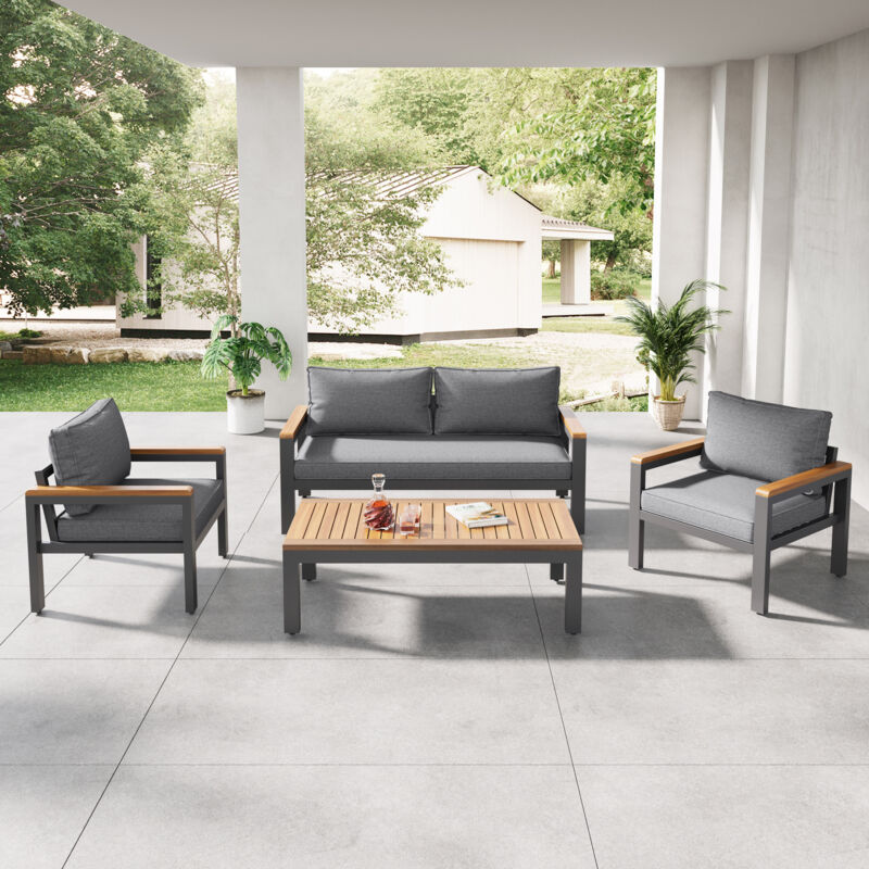 Ensemble de salon, salon de jardin avec structure en acier galvanisé, 1 canapé 2 places, 2 chaises simples, 1 table, gris