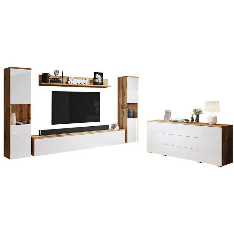 Mobilier1 - Ensemble de salon Sarasota 133, Chêne wotan + Blanc brillant