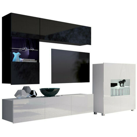 Ensemble de salon Tivdalu 107, Noir + Noir brillant + Blanc + Blanc brillant