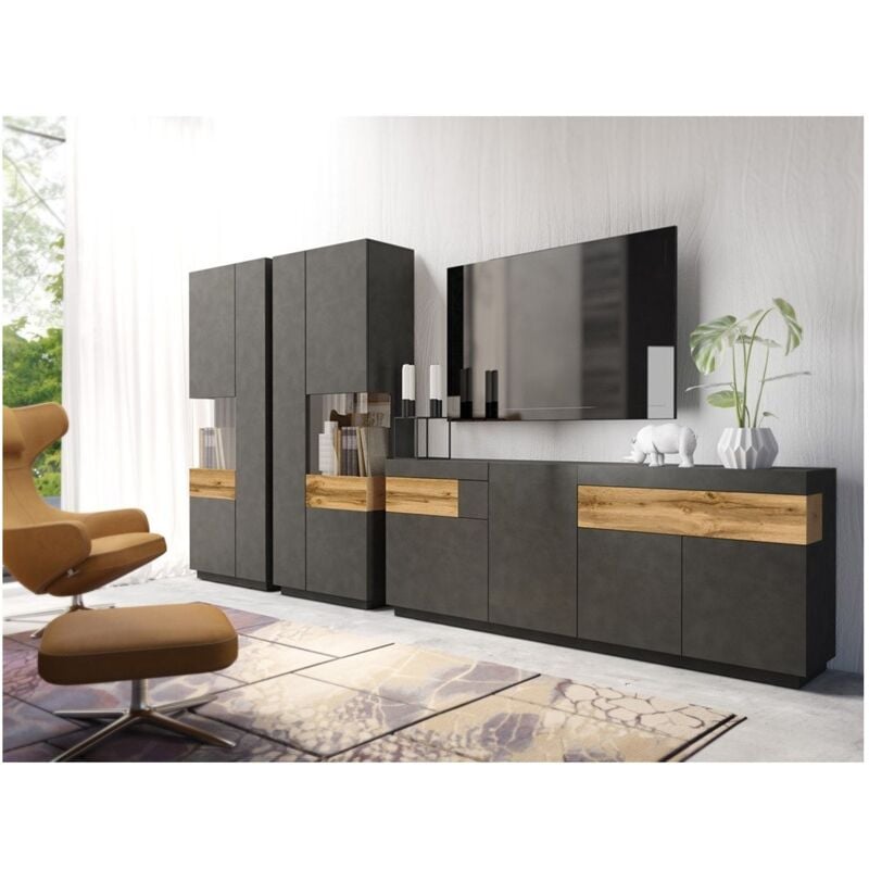 Meublorama - Ensemble de salon vitrine et buffet collection kiles. Coloris gris anthracite et chêne.
