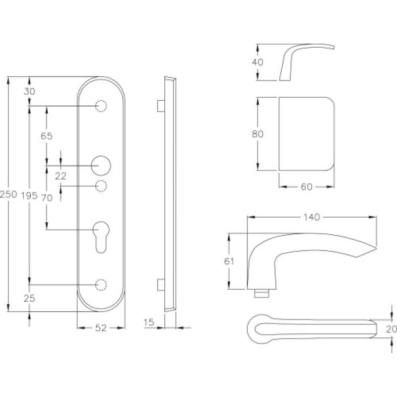 Normbau - Ensemble de sécurité sur plaque béquille double en aluminium entraxe 195 mm, carré de 7 clé i , fintion inox poli
