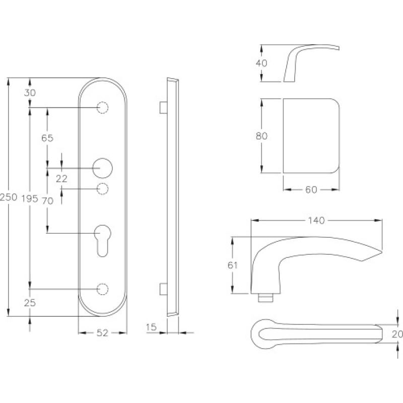 Normbau - Ensemble de sécurité sur plaque béquille double en aluminium entraxe 195 mm, carré de 7 clé i , fintion noir brossé