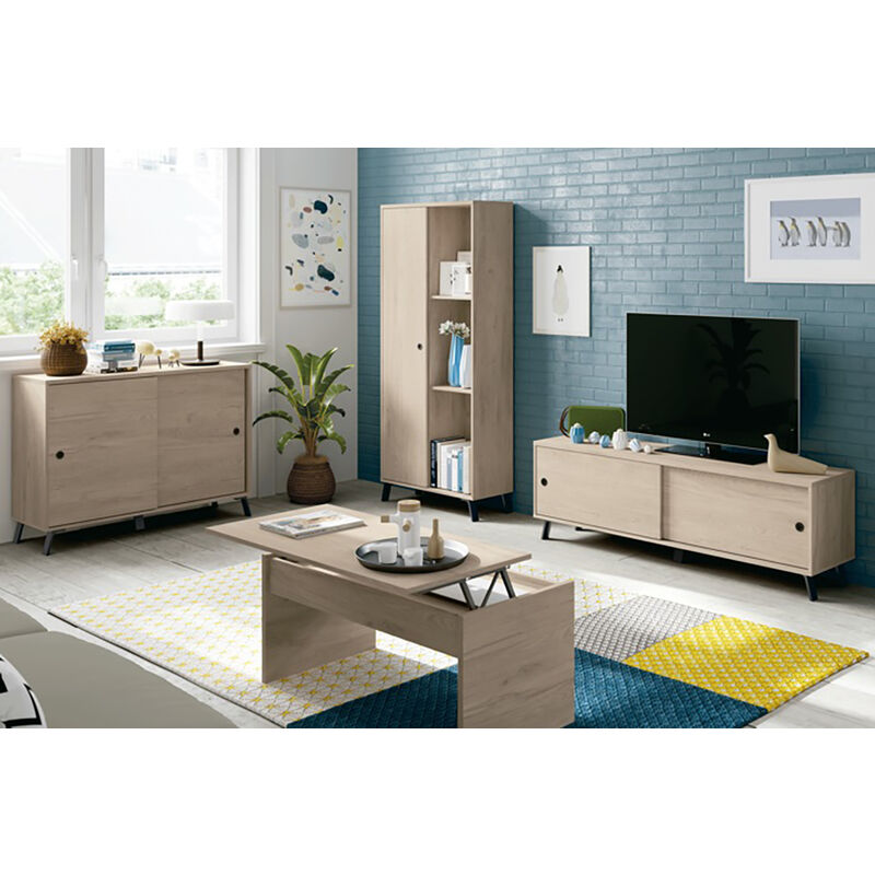 Ensemble de séjour coloris effet bois ( meuble tv + Buffet + Bibliothèque + Table basse) Pegane