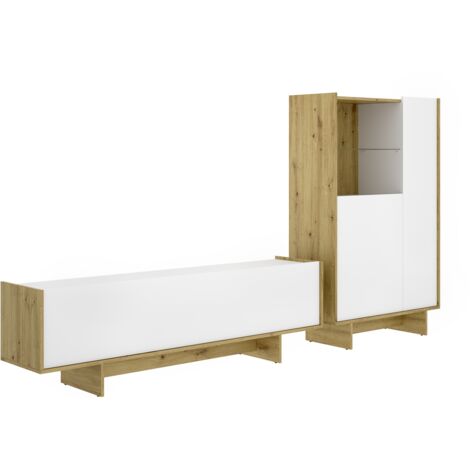 Ensemble de séjour, Meuble TV à porte abattante + Buffet haut avec niche ouverte et 2 portes, coloris blanc/chêne sonoma