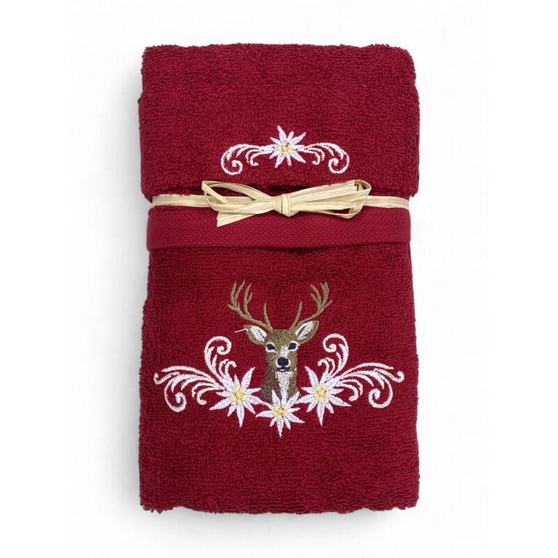 Ensemble de serviettes cerf et edelweiss du Tyrol Bordeaux - Tyrol - Serviette éponge 100 % coton - broderie Made in Italy