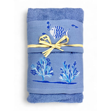 Ensemble de serviettes de mer bleues corail poisson - éponge 100 % coton - broderie nautique blanche - Fabriqué en Italie