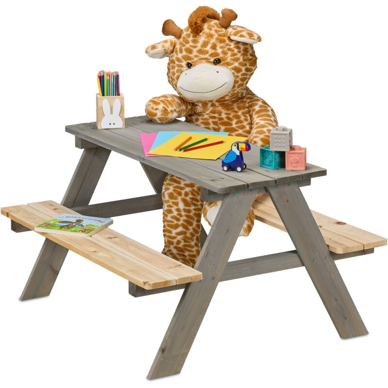 Table de pique-nique, pour 4 enfants, en bois de pin, h x l x p : 51 x 90 x 78 cm, jardin, gris et nature - Relaxdays