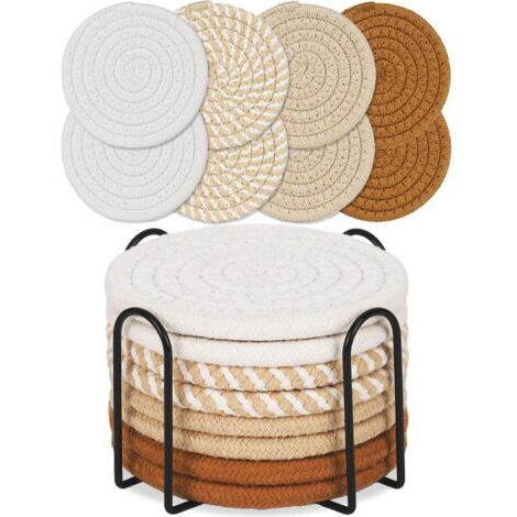 Ensemble de sous-verres ronds bohèmes en coton kaki pour table à manger, coussin isolant épais, tapis rond pour thé (avec support), 8 pièces