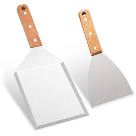 Ensemble de spatules à griller en acier inoxydable - Spatule coudée avec manche en bois + Spatule carrée avec manche en bois