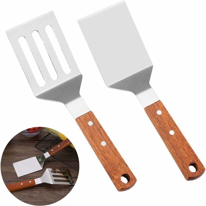 Fortuneville - Ensemble de spatules en acier inoxydable Ensemble d'ustensiles de barbecue en deux pièces Spatule perforée lisse avec manche en bois