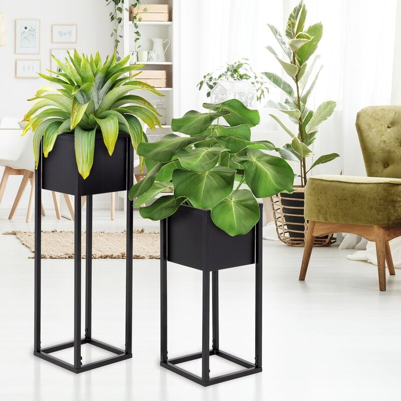 Ml-design - Set 2x supports plantes surélevé pots noir jardinière carré métal 21x50/70x21cm
