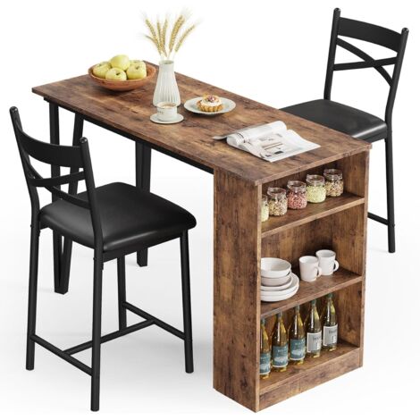 Ensemble de table à manger 3 pièces,ensemble de table de cuisine à hauteur de comptoir pour 2 avec 3 étagères de rangement, table de bar extensible avec 2 chaises rembourrées pour petits espaces,brun
