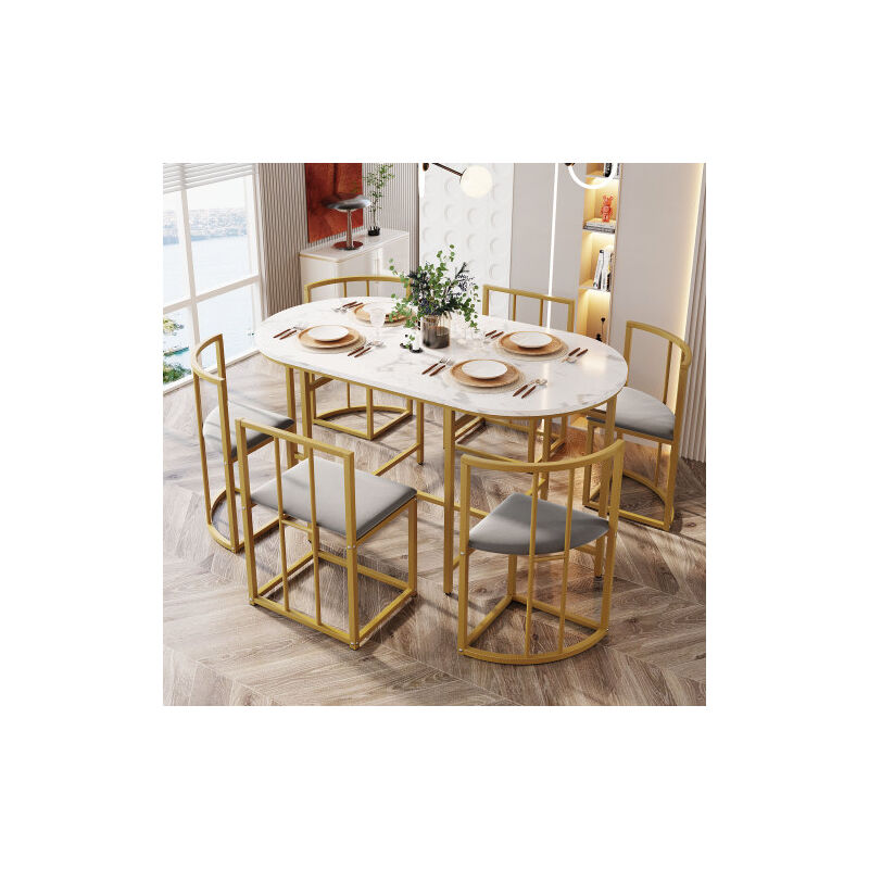 Wishdor - ensemble table et chaises de salle à manger, 1 table blanche et 6 chaises, gris et or