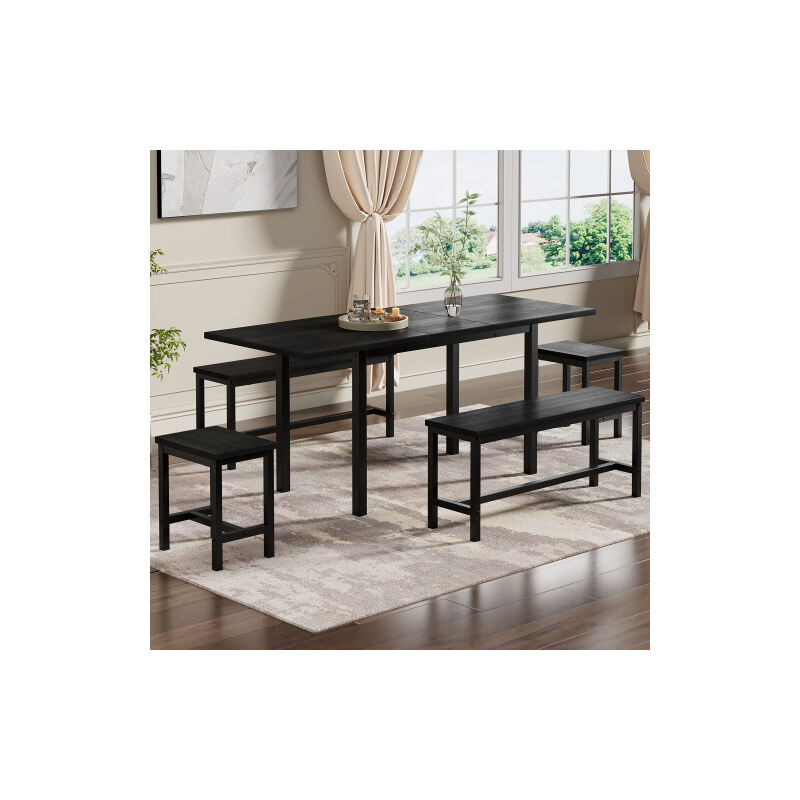 Ensemble de table à manger noir extensible avec 4 chaises noires, pour 6 personnes