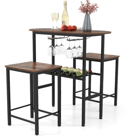 Ensemble de Table à Manger Ovale et 2 Tabourets avec Porte-Bouteilles, Porte-Verres à Vin, Repose-Pieds et Cadre en Métal, Marron