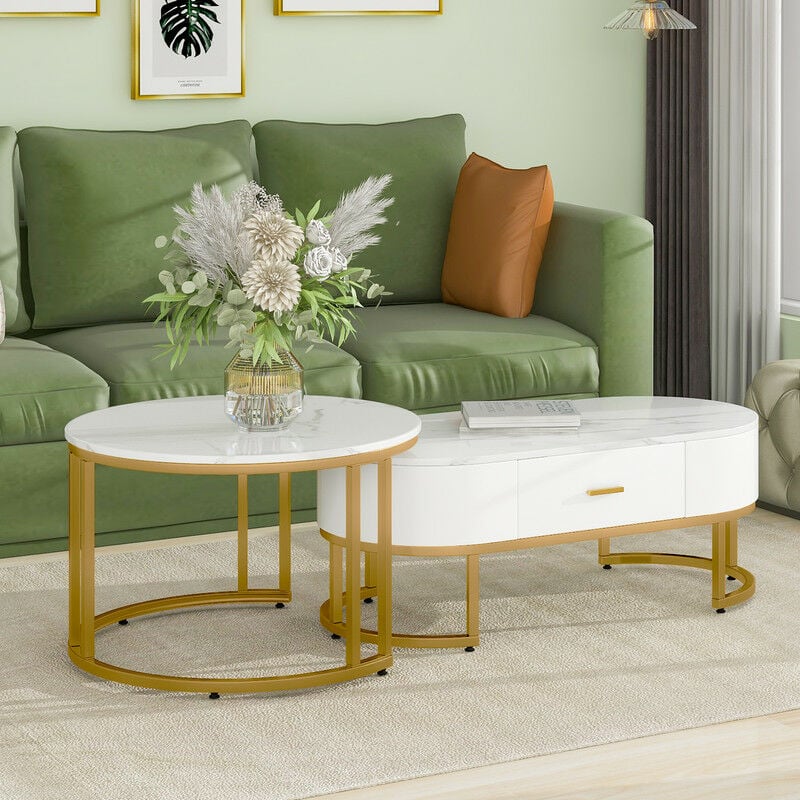 ensemble de table basse de 2, cadre en métal, cadre doré, plateau de table blanc, table gigogne moderne