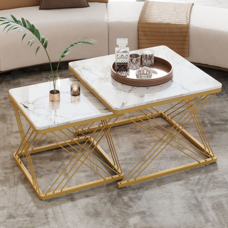 Okwish - Ensemble de table basse élégant en 2 pièces, tables carrées en 606045 cm et 454540 cm, aspect marbre brillant, pieds réglables en hauteur,
