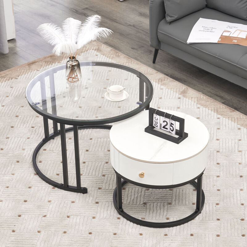 Okwish - Ensemble de table basse élégante en deux parties - verre, plateau en ardoise de marbre et tiroirs en bois massif