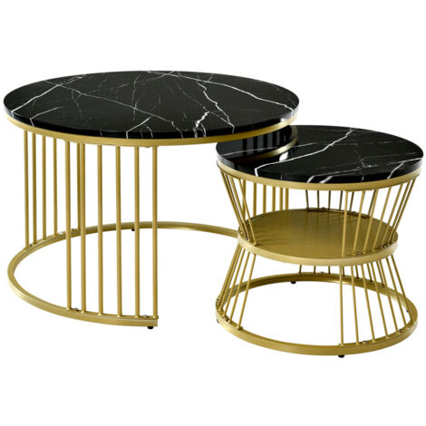 Ensemble de table basse ronde – Table de salon avec plateau imitation marbre et structure en métal doré, pour chambre ou salon, noir