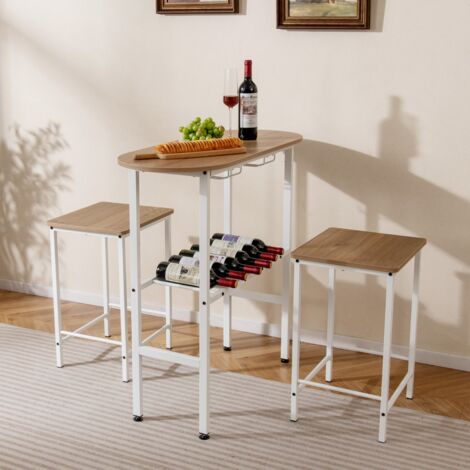 Ensemble de Table de Hauteur de Comptoir 3 Pièces Table à Manger Ovale et 2 Tabourets avec Porte-Bouteilles Porte-Verres à Vin Naturel