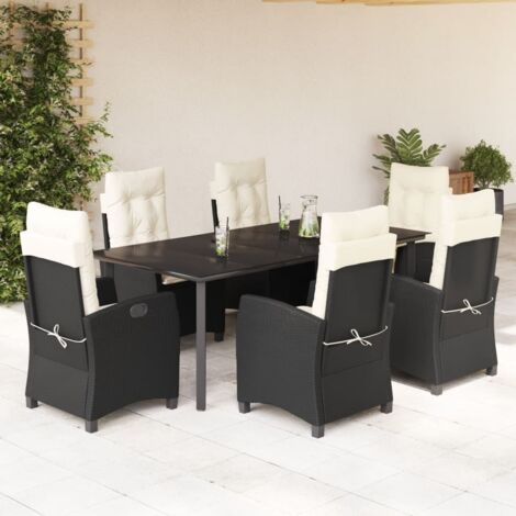 Ensemble de Table de Jardin en Résine Tressée Noir avec 6 Chaises Inclinables et Verre Trempé