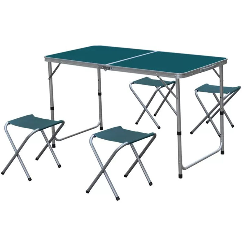 Ensemble de table de jardin pliante avec 4 tabourets en aluminium et polyester coloris bleu
