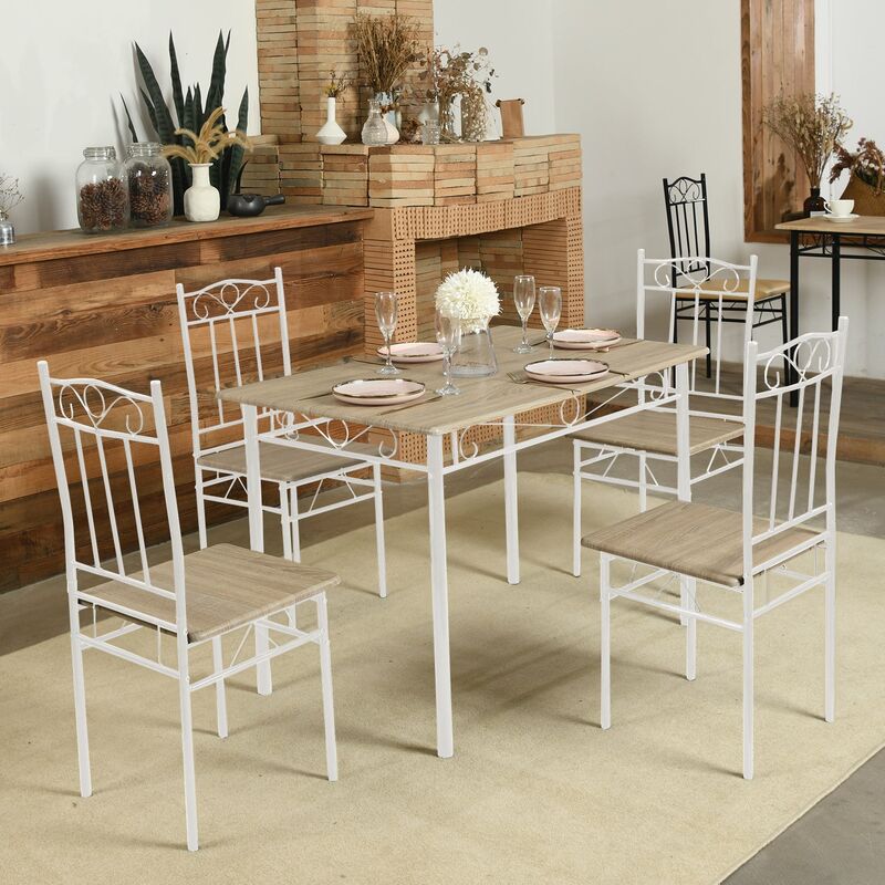 Ensemble table à manger 109x 69x 75 cm et 4 chaises - Hêtre clair et Blanc - Style Industriel, pour Cuisine, Salle à Manger, Salon