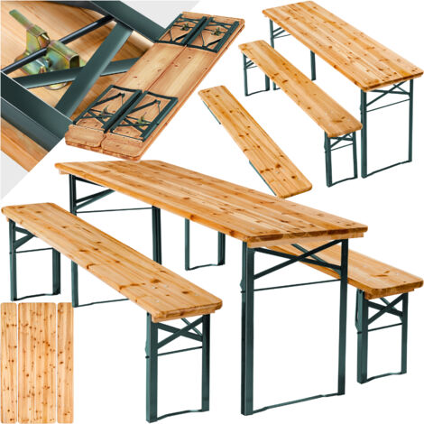 Tectake – Ensemble table et bancs pliables 3 pièces pour 8 personnes – Acier et bois de sapin – Dimensions table 170x46x77cm – Capacité 100kg