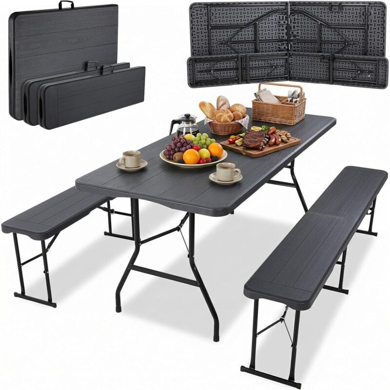 Ensemble de Table et bancs camping pique nique,Meubles de Jardin,Inclure 1 Table Pliante et 2 pcs Bancs Pliable-(Bois-optique Gris Foncé)