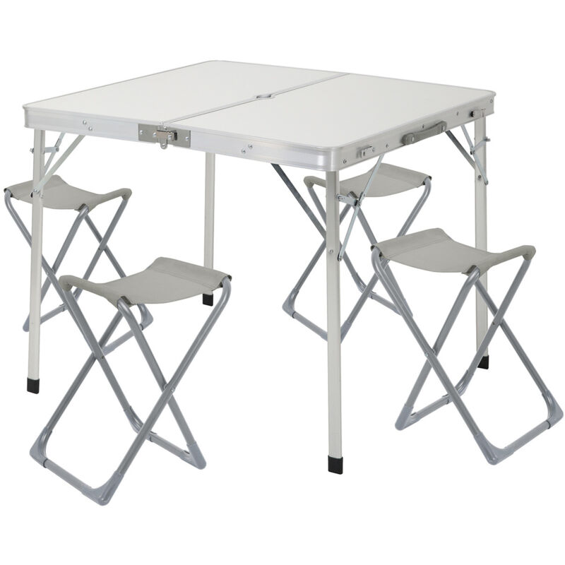 Ensemble de jardin pliant, Table de jardin rectangulaire et 4 chaises de camping, blanc/gris