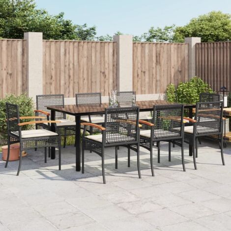 Ensemble de Table et Chaises de Jardin 9 Pièces Noir avec Coussins Crème en Résine Tressée, Table Verre 200x100cm