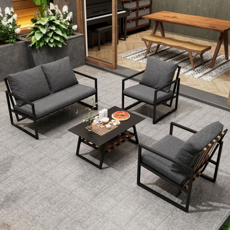 Ensemble de table et chaises de meubles de jardin, Salon de jardin, 4 pièces, avec table basse, coussins de siège amovibles et lavables, noir