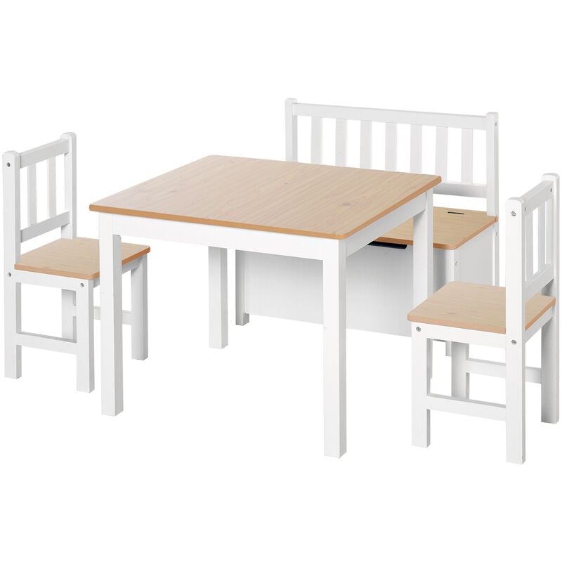Homcom - Ensemble de table et chaises enfant - set de 4 pièces - table, 2 chaises, banc coffre 2 en 1 - MDF pin blanc bois clair