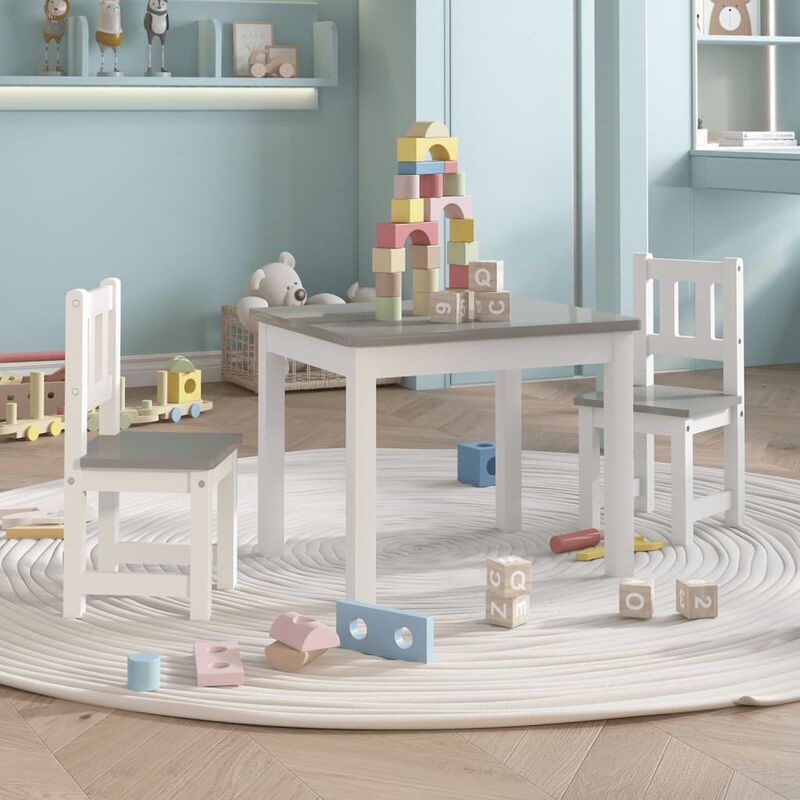 Ensemble de table et chaises pour enfants 3 pièces dans la chambre d'enfants de jeu en bois Couleur : Blanc et gris