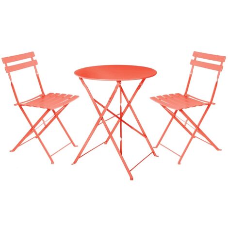 Ensemble de table et de 2 chaises de jardin Sira avec lattes galbées corail en acier