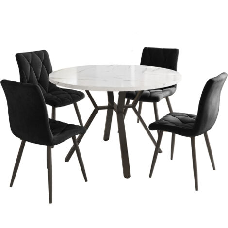 Ensemble de table et de chaises (5 pièces), et épuré composé d'une table ronde et de chaises en marbre, pieds de table en métal noir + 4 chaises ergonomiques en daim noir