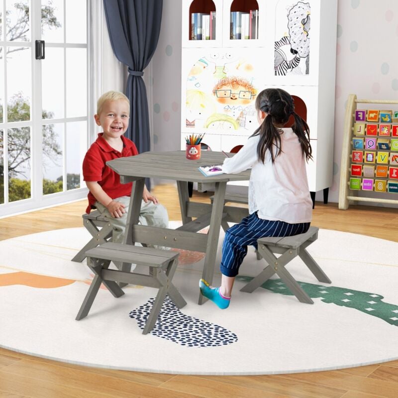 Ensemble de Table et Tabourets pour Enfants de 3 Ans et Plus Table de Pique-nique en Bois Parasol Pliable et Hauteur Réglable Gris CW3208 design in