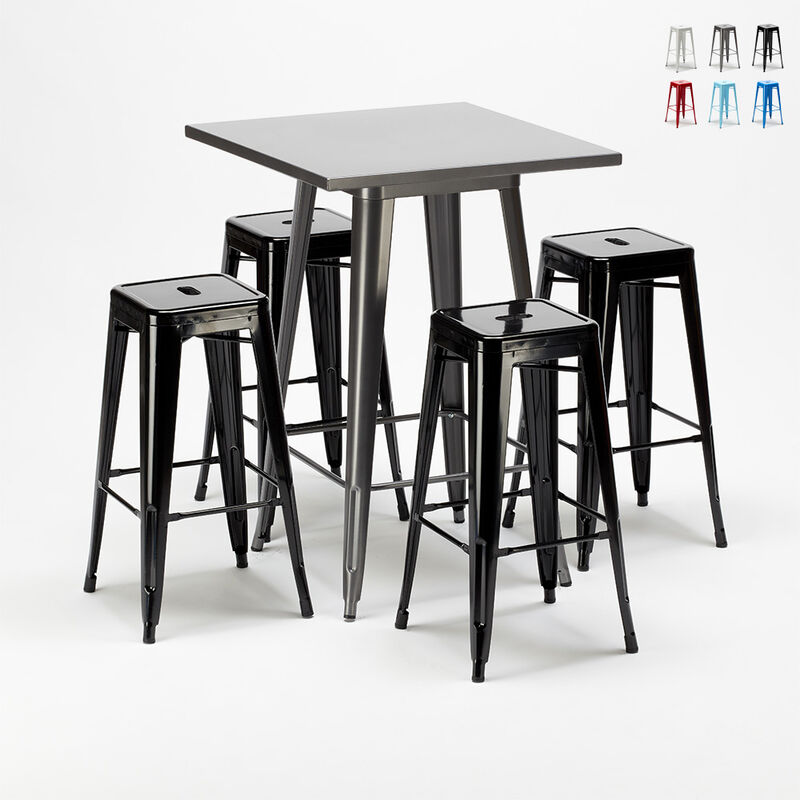 Ahd Amazing Home Design - Ensemble de table haute et 4 tabourets métalliques conçus par Tolix industrial Gowanus | Couleur: Noir