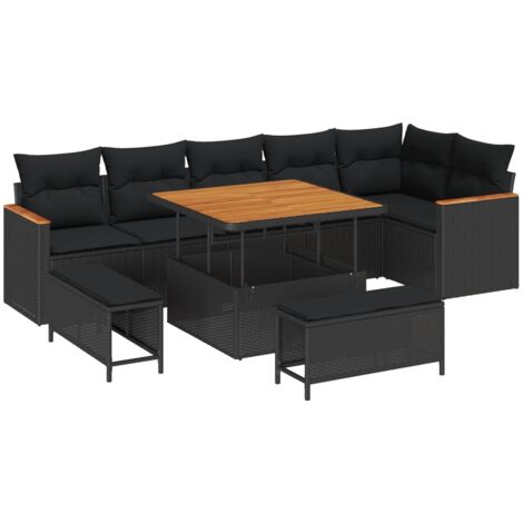 Ensemble de Table Jardin 11 Pièces Résine Tressée Noir avec Coussins et Table Acacia