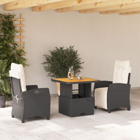 Ensemble de Table Jardin 3 Pièces Noir avec Coussins - Table 90x90cm Acacia & Chaises Relax Polyrotin Réglables
