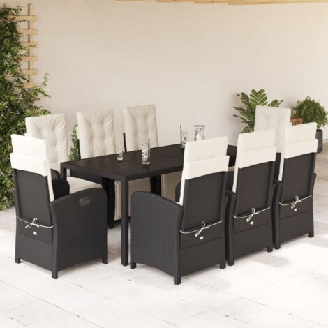 Ensemble de Table Jardin 9 Pièces Noir Résine Tressée avec Coussins et Table en Verre