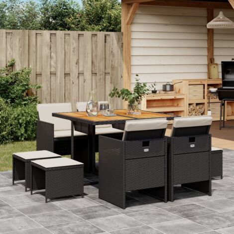 Ensemble de Table Jardin Noir Résine Tressée 9 Pièces avec Coussins  Table Acacia 110x106cm 4 Fauteuils et 4 Tabourets