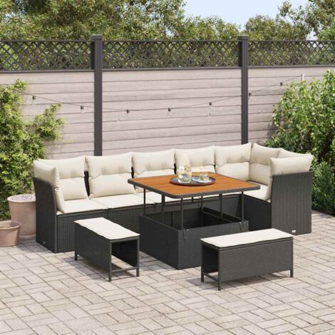 Ensemble de Table Jardin Reclinable 3 Pièces Noir avec Coussins - Résine Tressée, Plateau Bois Acacia, Dimensions Table 90x90 cm, 2 Chaises Inclinables