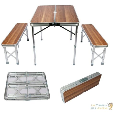 Ensemble de table pliante et bancs en aluminium pour le camping - Dimensions : 90x66x70 cm avec finition en bois