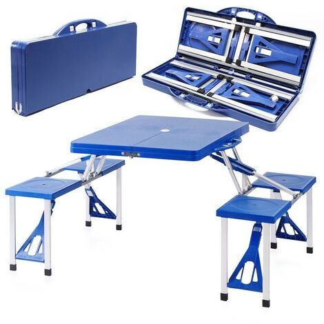 Ensemble de table pliante et bancs en aluminium pour le camping - Dimensions : 90x66x70 cm avec finition en bois
