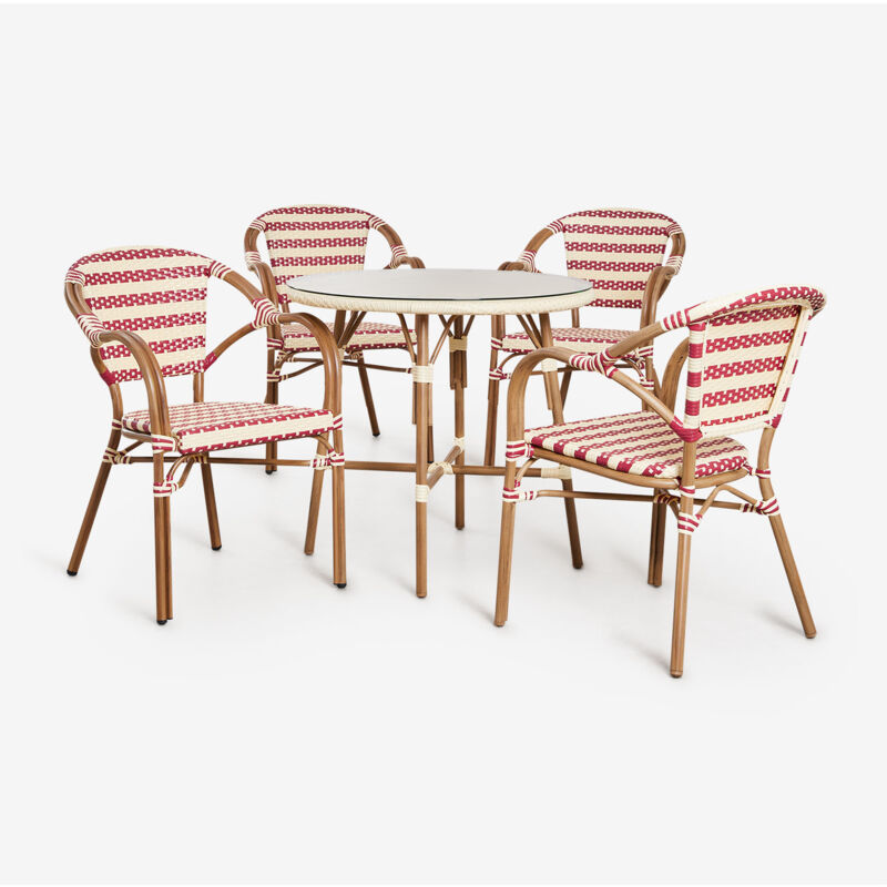 Ensemble de table ronde Ø80 cm Brielle Bistro et 4 chaises de jardin avec accoudoirs en rotin synthétique et aluminium Solange B SKLUM Beige Crème