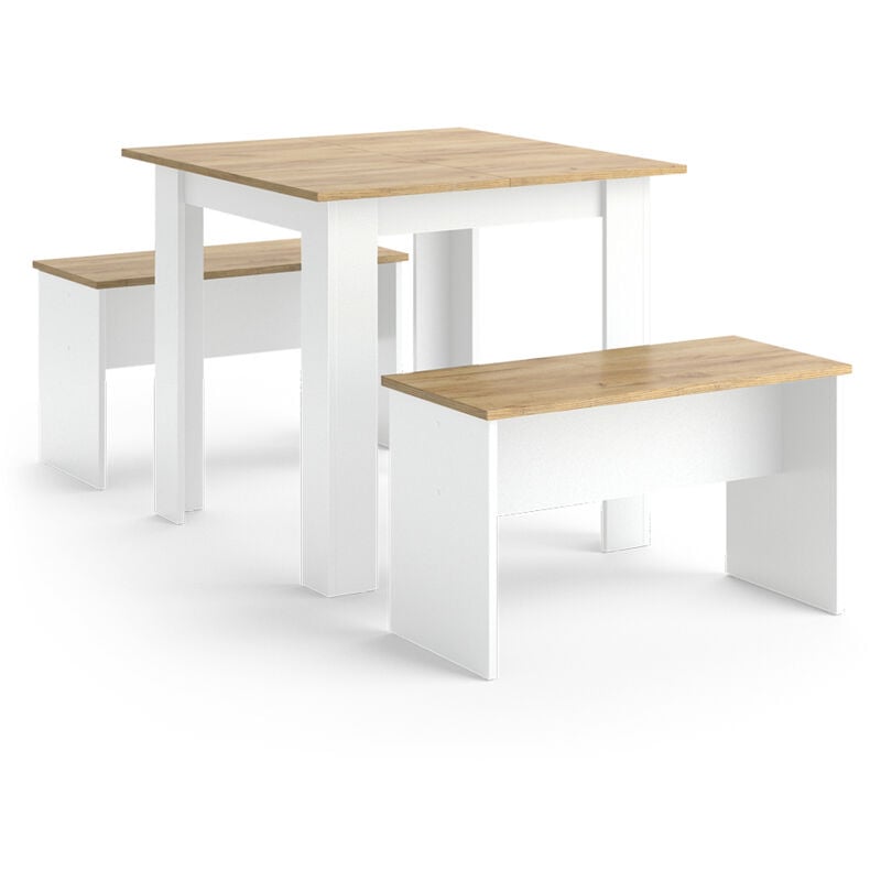 Ensemble de table à manger Sentio, Chêne blanc/force de l'or, 80x80cm avec 2 bancs Vicco