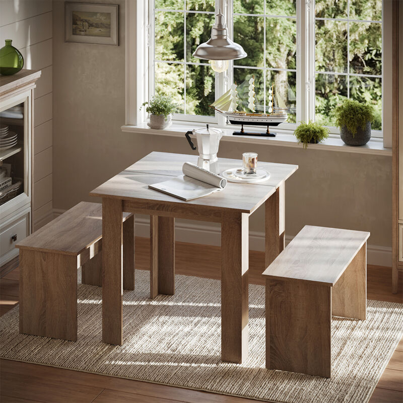 Ensemble de table à manger Sentio, Sonoma, 80 x 80 cm avec 2 bancs Vicco