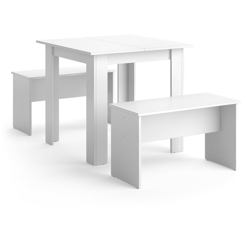 Ensemble de table à manger Sentio, Blanc, 80 x 80 cm avec 2 bancs Vicco
